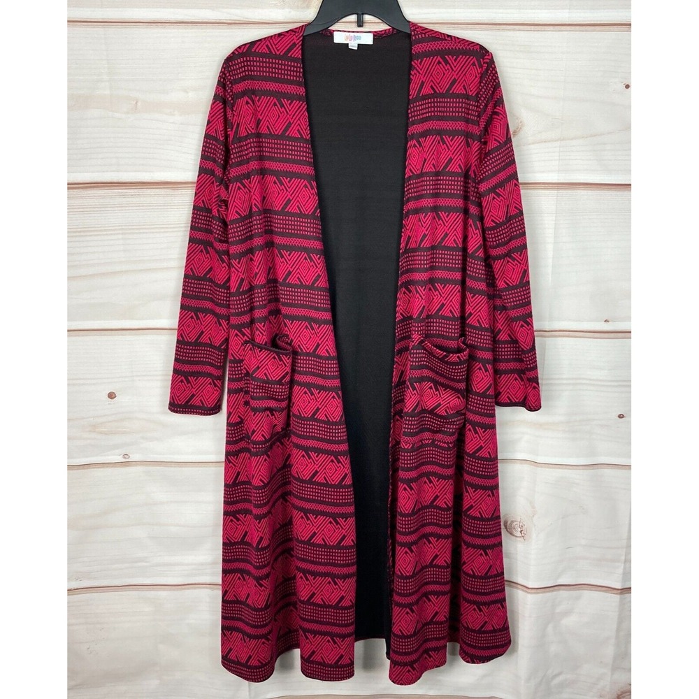 Lularoe Cardigan Womens M Red Black Embroidered Duster Geometric Open Front Knit